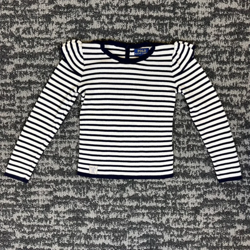 Polo Ralph Lauren Knit Top Girls Size 6 Navy Blue Stripes Ruffle Shoulder Shirt